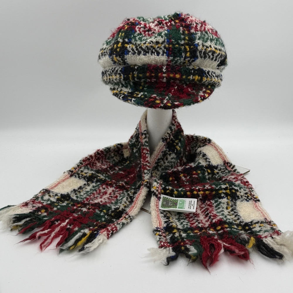 Blarney Woollen Mills Branigan Weavers Wool Hat Scarf Set Plaid Made in Ireland
